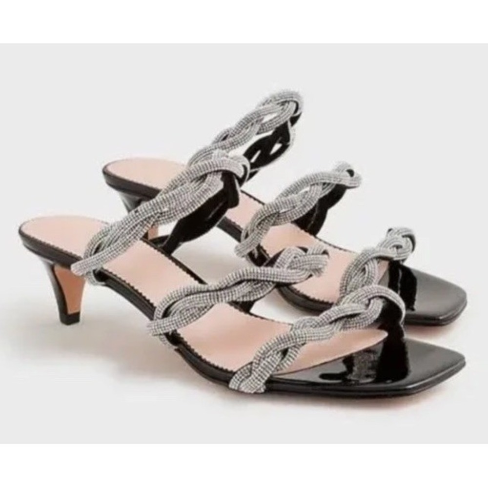J CREW Zadie Black Strappy Kitten Heel Sandals Braided Crystals 9.5 NEW